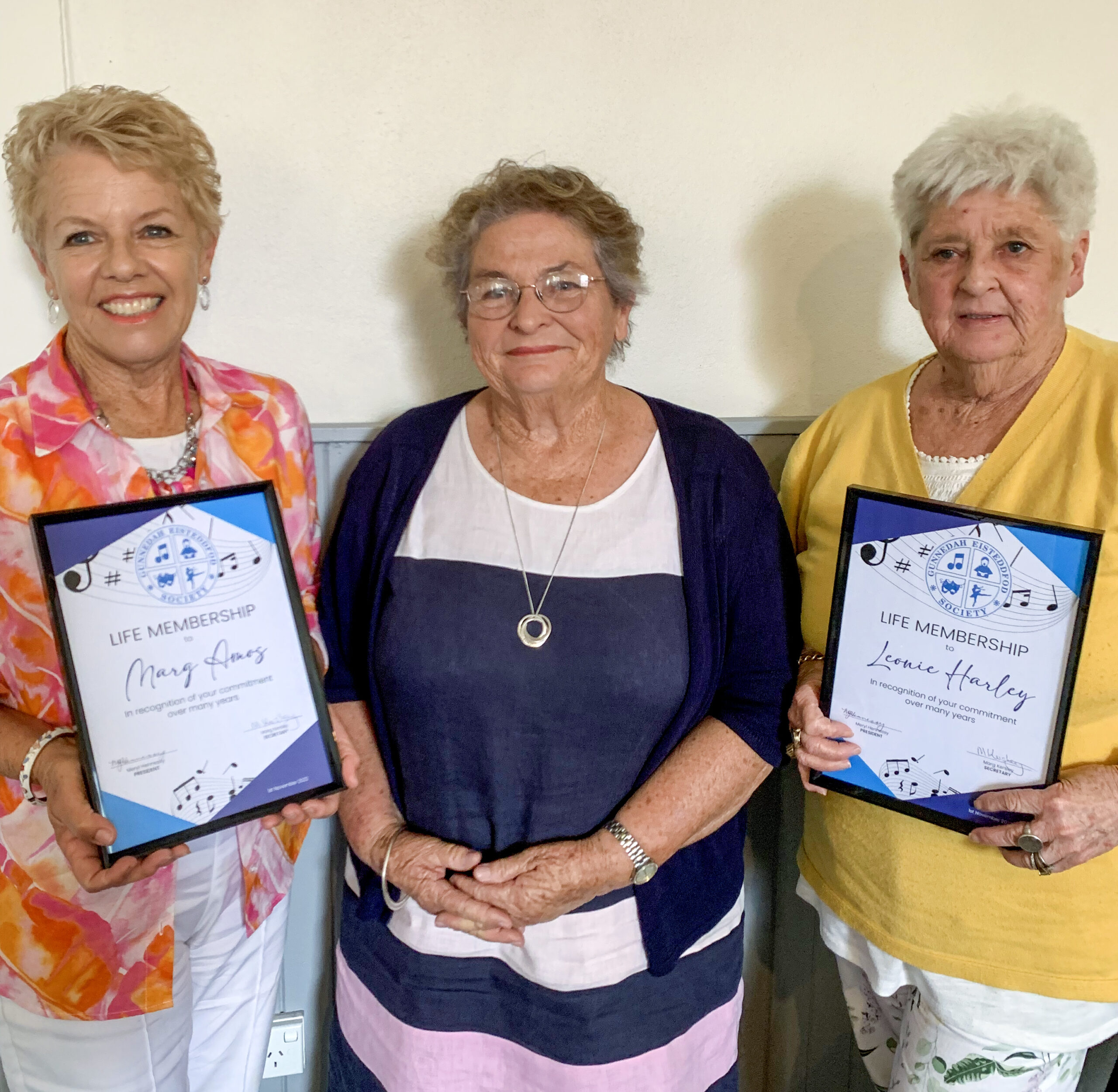 Presentation of Life Membership Certificates for Marg Amos and Leonie Harley.